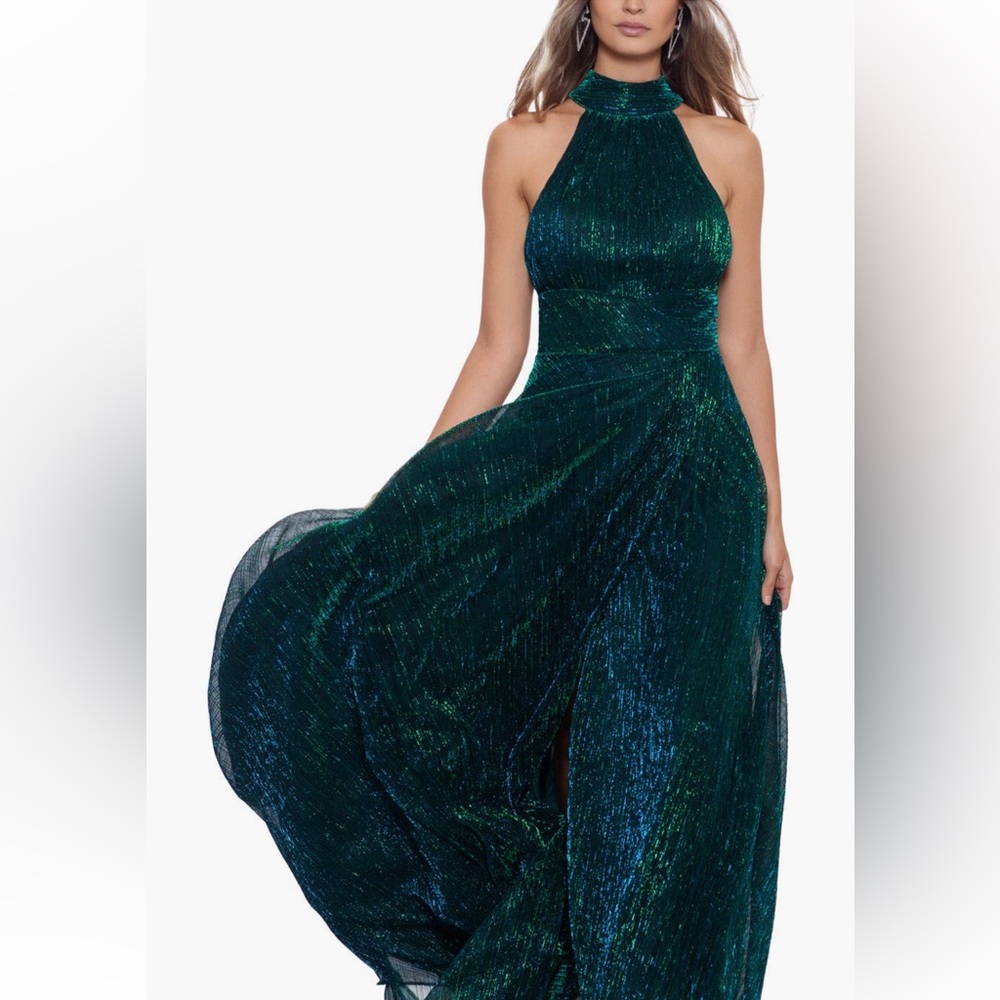Betsy & Adam Strapless Teal Gown